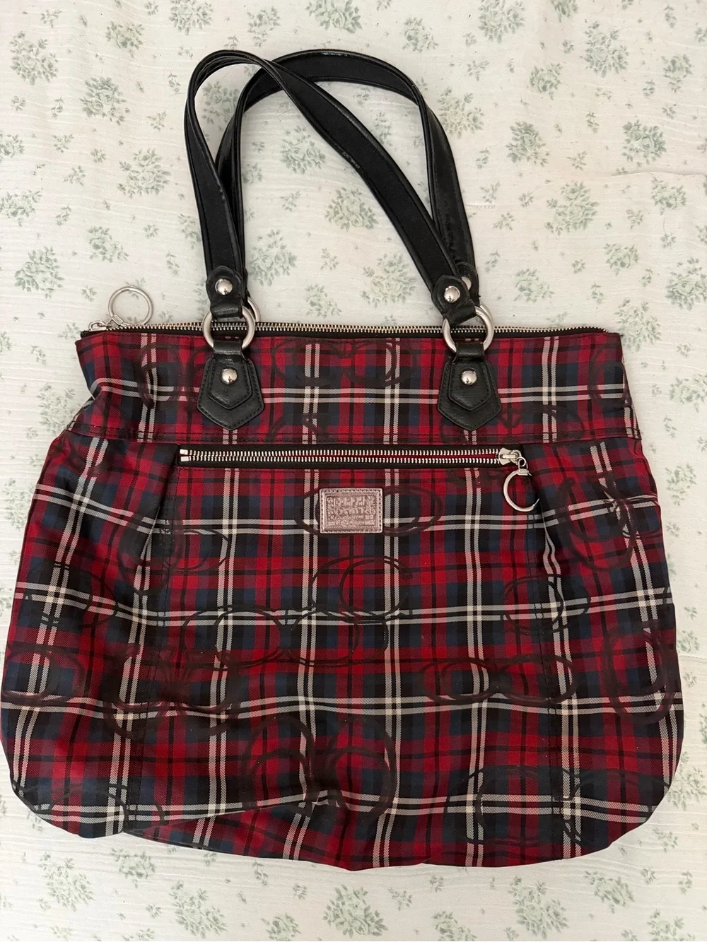 Coach Red Plaid Women's Tote Bag with Black Handles